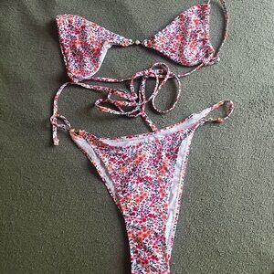 Floral Print Bikini Set - Pink and Red